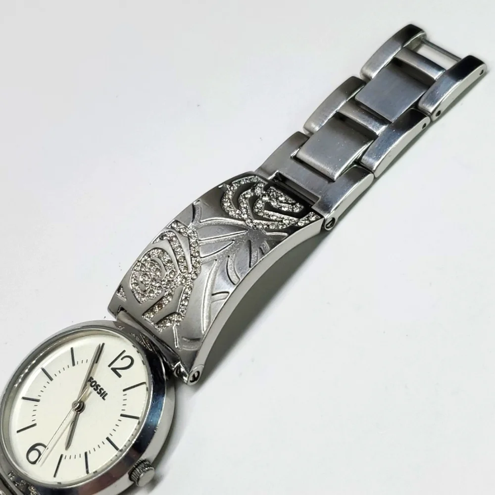 Fossil Blue ES2763 Silver Steel Bangle Floral Pave Wristband White Face